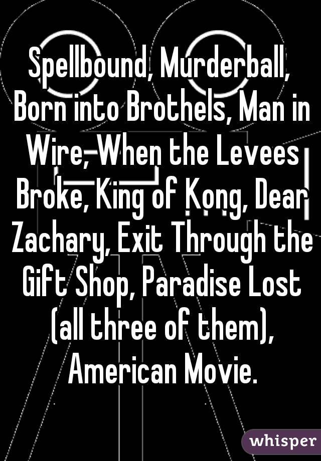 Spellbound, Murderball, Born into Brothels, Man in Wire, When the Levees Broke, King of Kong, Dear Zachary, Exit Through the Gift Shop, Paradise Lost (all three of them), American Movie.


