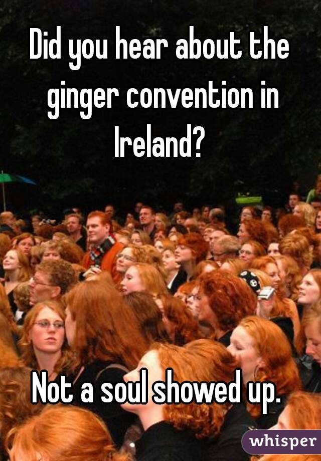 Did you hear about the ginger convention in Ireland? 




Not a soul showed up. 