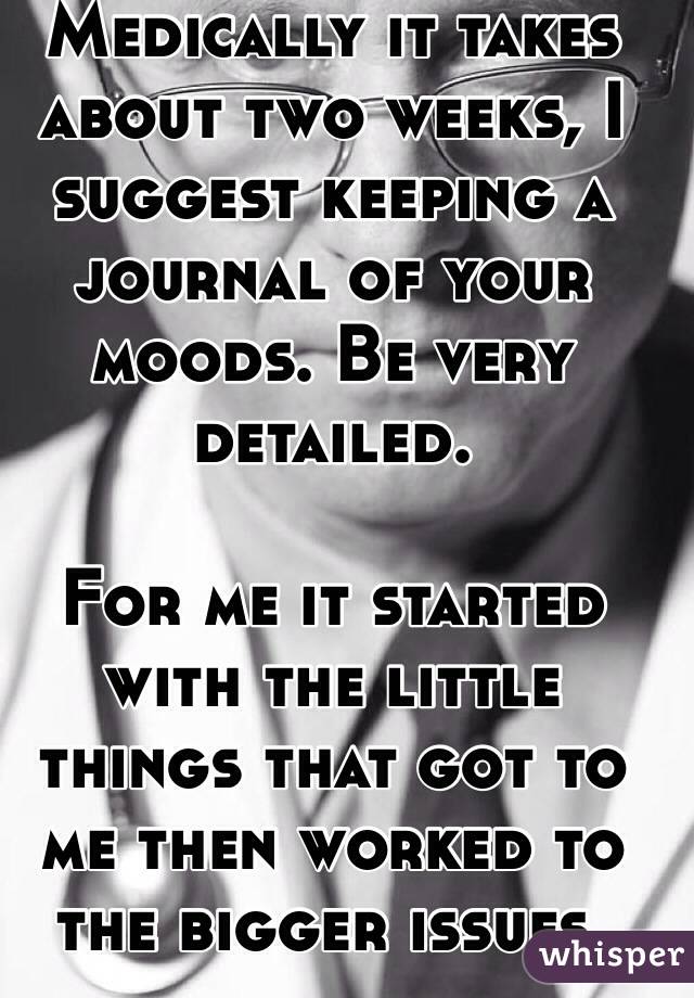 Medically it takes about two weeks, I suggest keeping a journal of your moods. Be very detailed.

For me it started with the little things that got to me then worked to the bigger issues. 