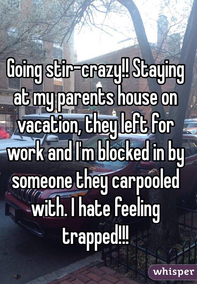 Going stir-crazy!! Staying at my parents house on vacation, they left for work and I'm blocked in by someone they carpooled with. I hate feeling trapped!!!