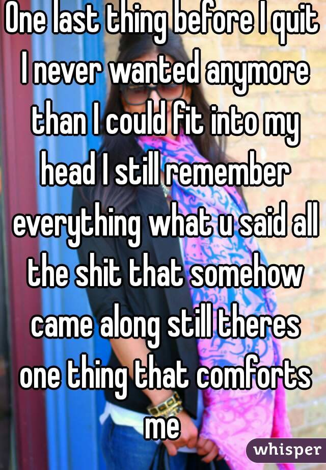 One last thing before I quit I never wanted anymore than I could fit into my head I still remember everything what u said all the shit that somehow came along still theres one thing that comforts me 