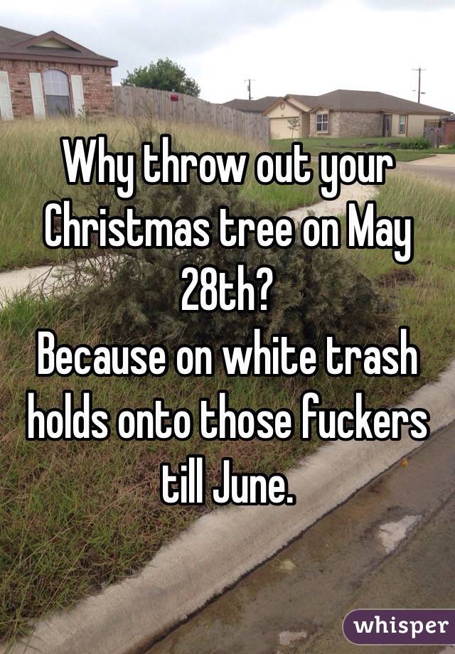 Why throw out your Christmas tree on May 28th? 
Because on white trash holds onto those fuckers till June.