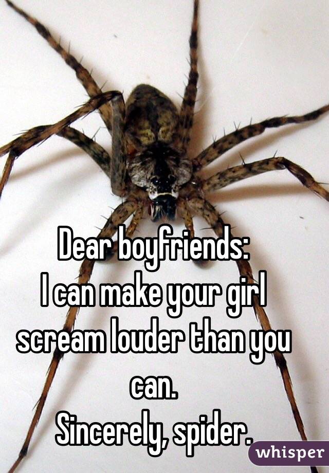 Dear boyfriends: 
I can make your girl scream louder than you can.
Sincerely, spider.