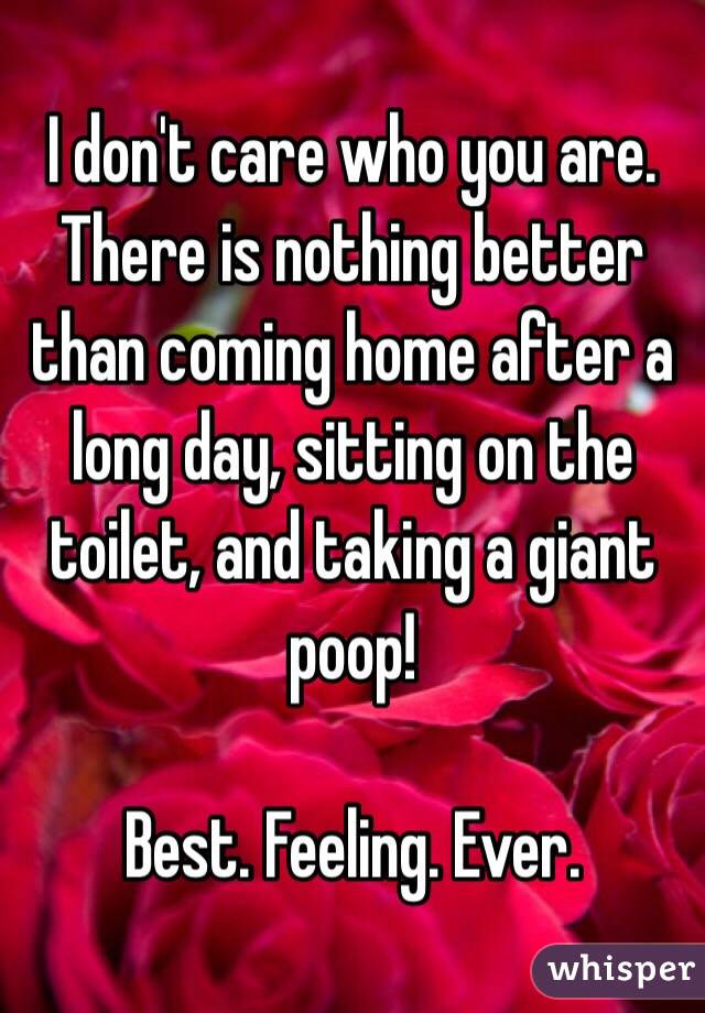 I don't care who you are. There is nothing better than coming home after a long day, sitting on the toilet, and taking a giant poop! 

Best. Feeling. Ever. 