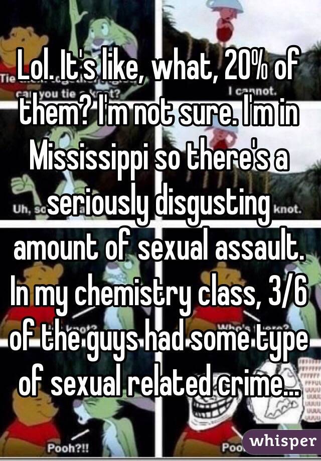 Lol. It's like, what, 20% of them? I'm not sure. I'm in Mississippi so there's a seriously disgusting amount of sexual assault. In my chemistry class, 3/6 of the guys had some type of sexual related crime...