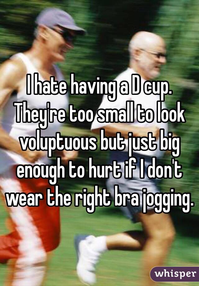 I hate having a D cup.
They're too small to look voluptuous but just big enough to hurt if I don't wear the right bra jogging.