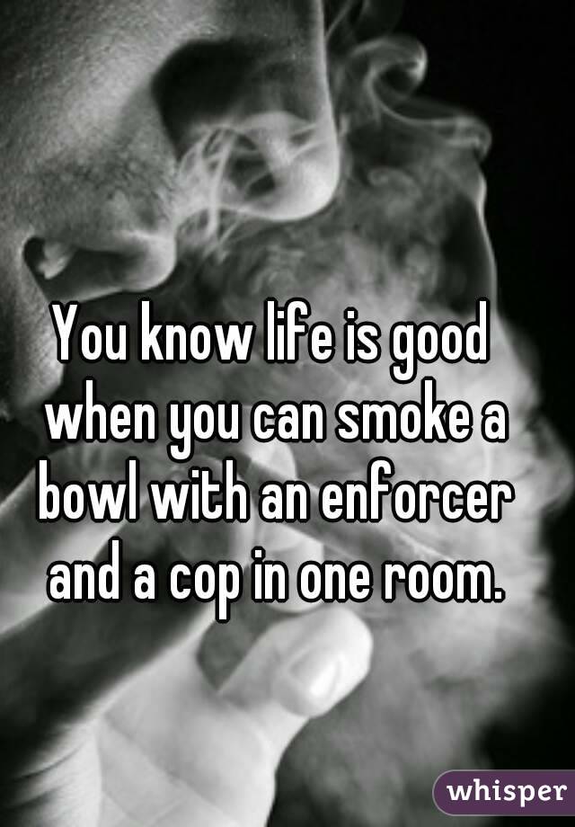 You know life is good when you can smoke a bowl with an enforcer and a cop in one room.