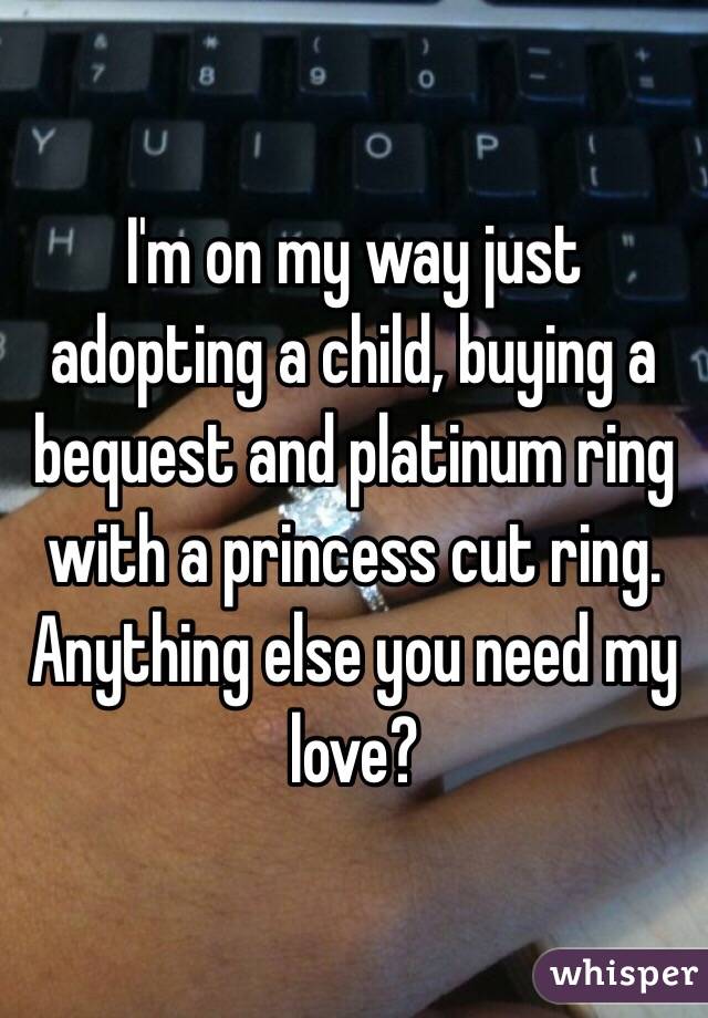 I'm on my way just adopting a child, buying a bequest and platinum ring with a princess cut ring. Anything else you need my love?  