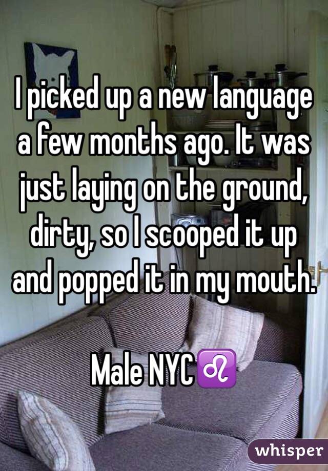 I picked up a new language a few months ago. It was just laying on the ground, dirty, so I scooped it up and popped it in my mouth.

Male NYC♌️