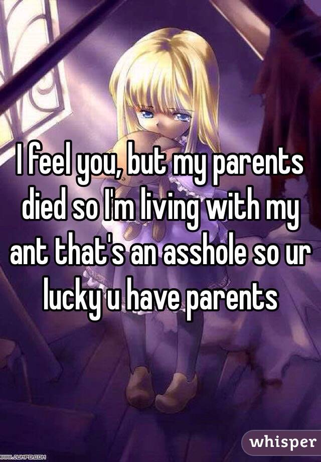 I feel you, but my parents died so I'm living with my ant that's an asshole so ur lucky u have parents 