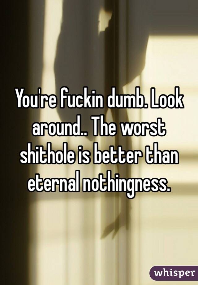 You're fuckin dumb. Look around.. The worst shithole is better than eternal nothingness.