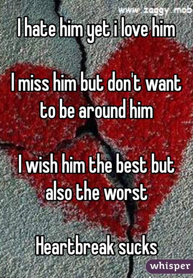 I hate him yet i love him 

I miss him but don't want to be around him

I wish him the best but also the worst

Heartbreak sucks