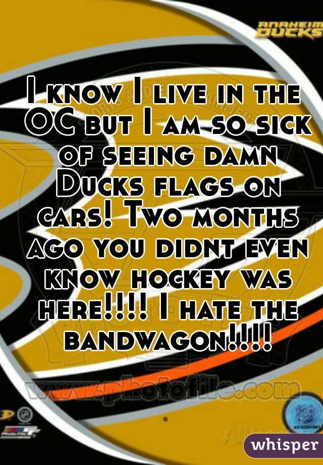 I know I live in the OC but I am so sick of seeing damn Ducks flags on cars! Two months ago you didnt even know hockey was here!!!! I hate the bandwagon!!!!