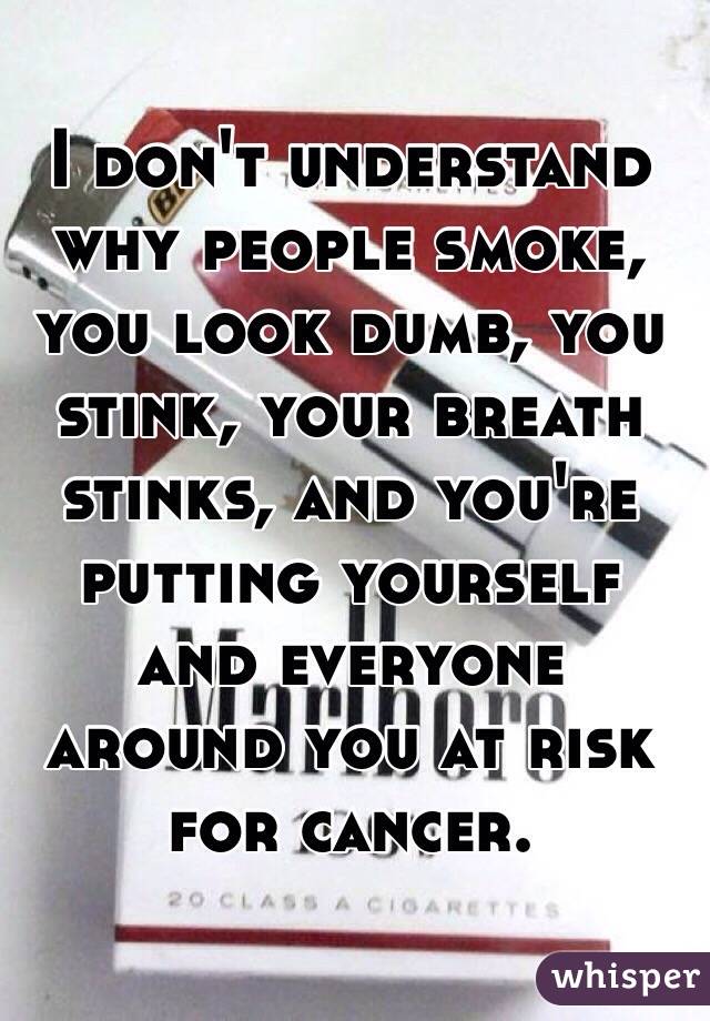 I don't understand why people smoke, you look dumb, you stink, your breath stinks, and you're putting yourself and everyone around you at risk for cancer.