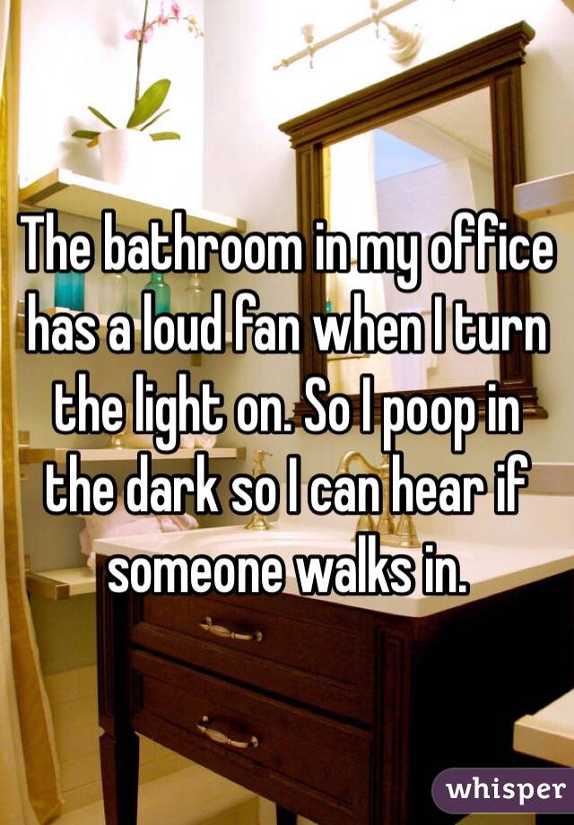 The bathroom in my office has a loud fan when I turn the light on. So I poop in the dark so I can hear if someone walks in. 