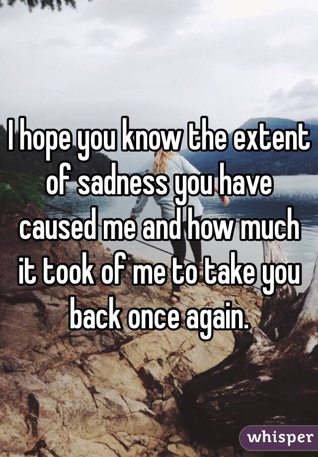 I hope you know the extent of sadness you have caused me and how much it took of me to take you back once again. 