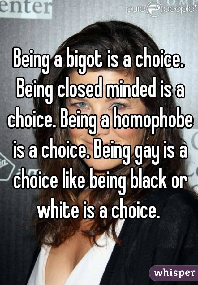 Being a bigot is a choice. Being closed minded is a choice. Being a homophobe is a choice. Being gay is a choice like being black or white is a choice. 