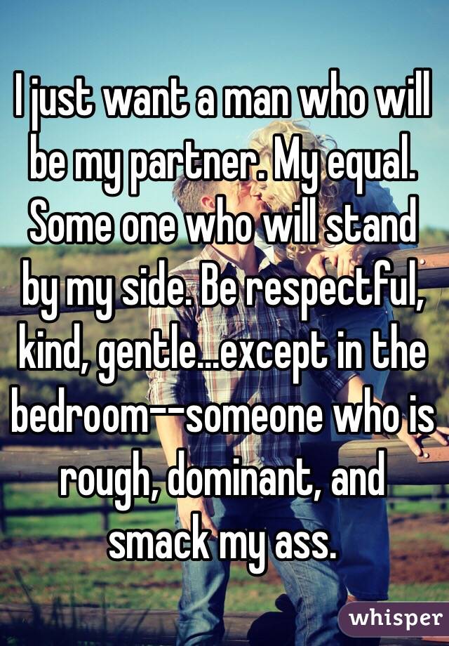 I just want a man who will be my partner. My equal. Some one who will stand by my side. Be respectful, kind, gentle...except in the bedroom--someone who is rough, dominant, and smack my ass.