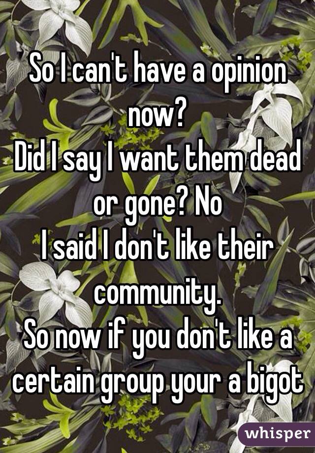 So I can't have a opinion now?
Did I say I want them dead or gone? No 
I said I don't like their community. 
So now if you don't like a certain group your a bigot
