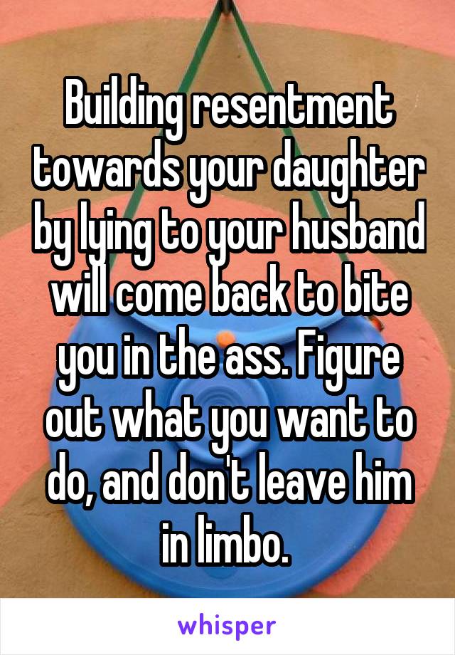 Building resentment towards your daughter by lying to your husband will come back to bite you in the ass. Figure out what you want to do, and don't leave him in limbo. 