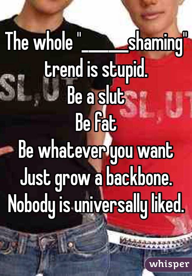 The whole "_______shaming" trend is stupid.
Be a slut 
Be fat
Be whatever you want
Just grow a backbone.
Nobody is universally liked.

