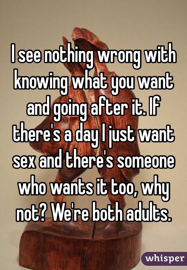 I see nothing wrong with knowing what you want and going after it. If there's a day I just want sex and there's someone who wants it too, why not? We're both adults.