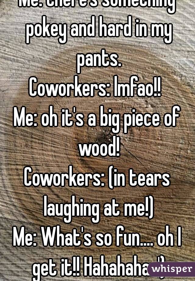 Me: there's something pokey and hard in my pants.
Coworkers: lmfao!! 
Me: oh it's a big piece of wood!
Coworkers: (in tears laughing at me!)
Me: What's so fun.... oh I get it!! Hahahaha: ')