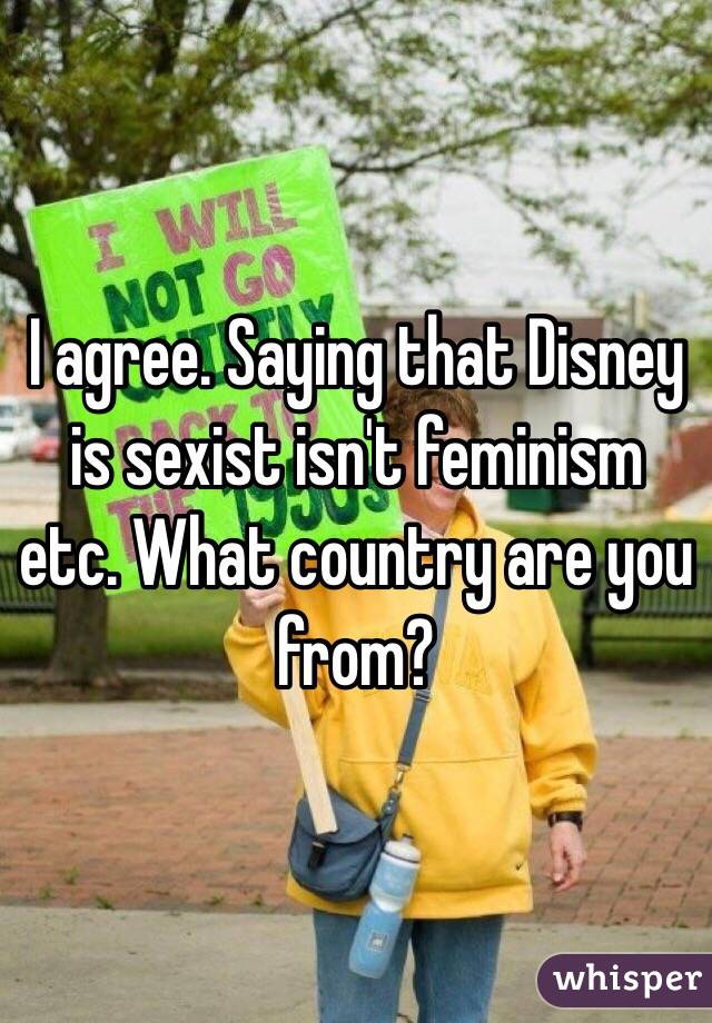 I agree. Saying that Disney is sexist isn't feminism etc. What country are you from?