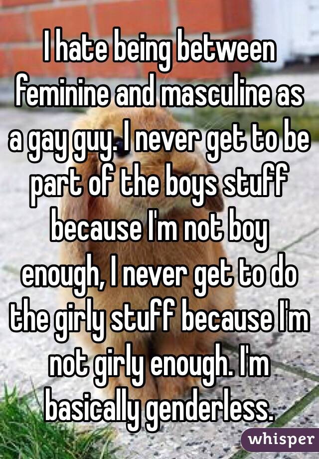 I hate being between feminine and masculine as a gay guy. I never get to be part of the boys stuff because I'm not boy enough, I never get to do the girly stuff because I'm not girly enough. I'm basically genderless. 