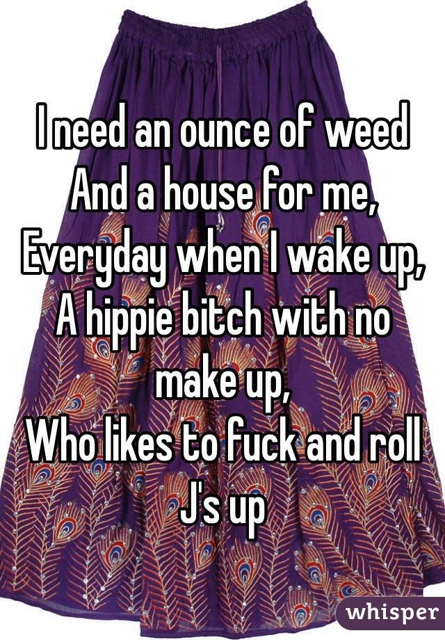 I need an ounce of weed 
And a house for me,
Everyday when I wake up,
A hippie bitch with no make up,
Who likes to fuck and roll J's up