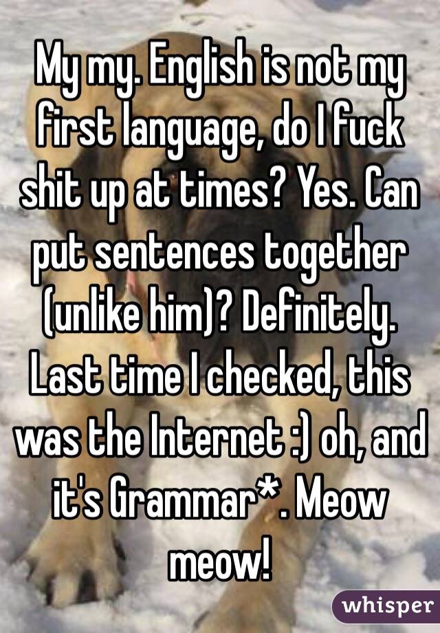 My my. English is not my first language, do I fuck shit up at times? Yes. Can put sentences together (unlike him)? Definitely. Last time I checked, this was the Internet :) oh, and it's Grammar*. Meow meow! 