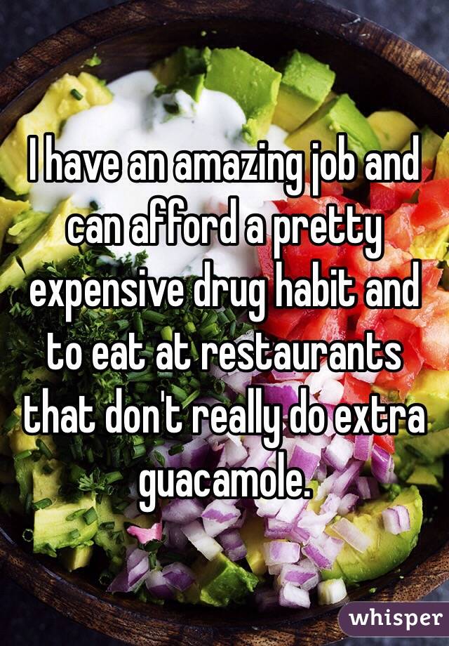 I have an amazing job and can afford a pretty expensive drug habit and to eat at restaurants that don't really do extra guacamole.