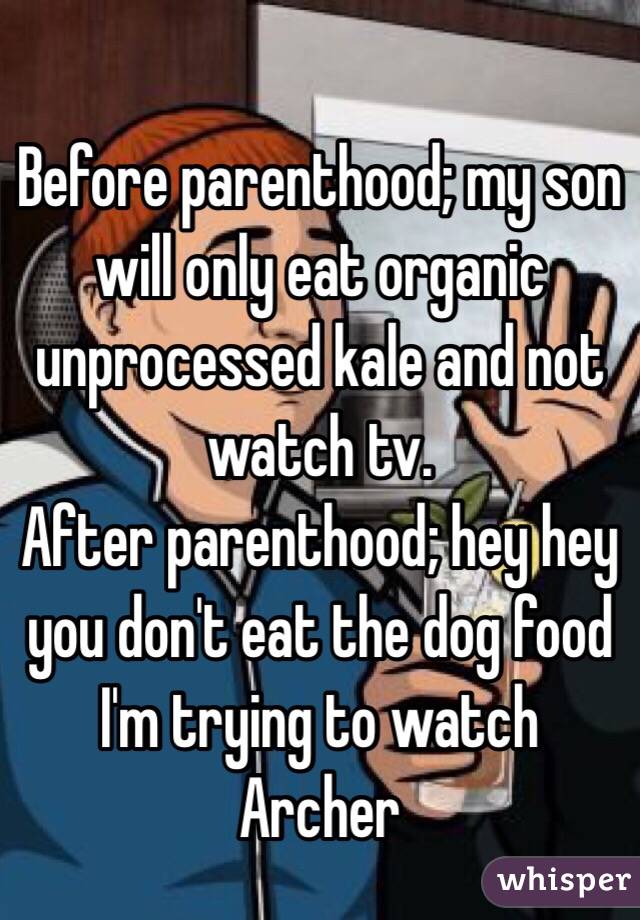 Before parenthood; my son will only eat organic unprocessed kale and not watch tv.
After parenthood; hey hey you don't eat the dog food I'm trying to watch Archer
