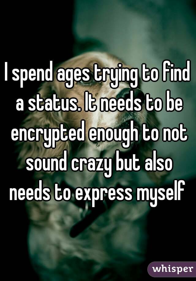 I spend ages trying to find a status. It needs to be encrypted enough to not sound crazy but also needs to express myself 