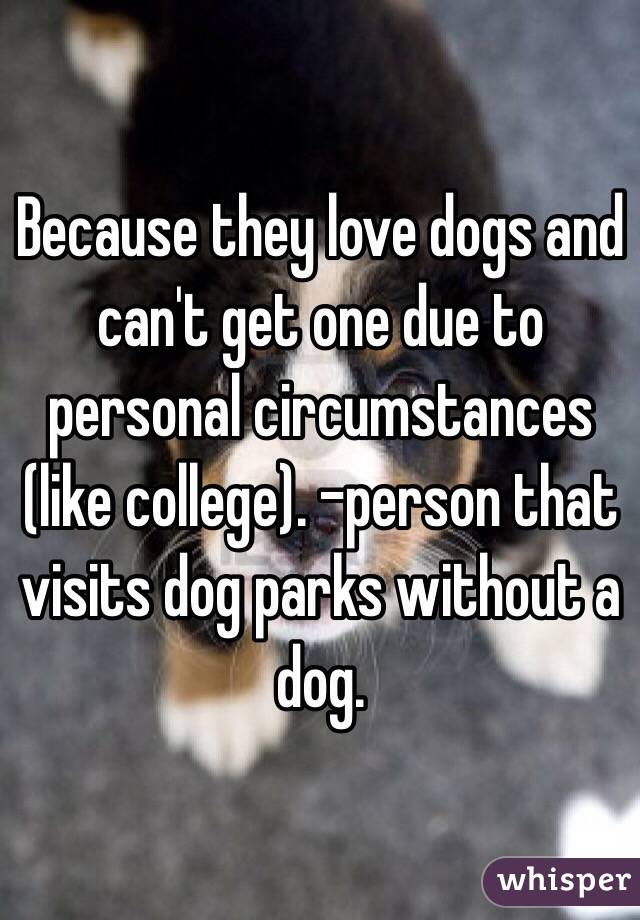 Because they love dogs and can't get one due to personal circumstances (like college). -person that visits dog parks without a dog. 