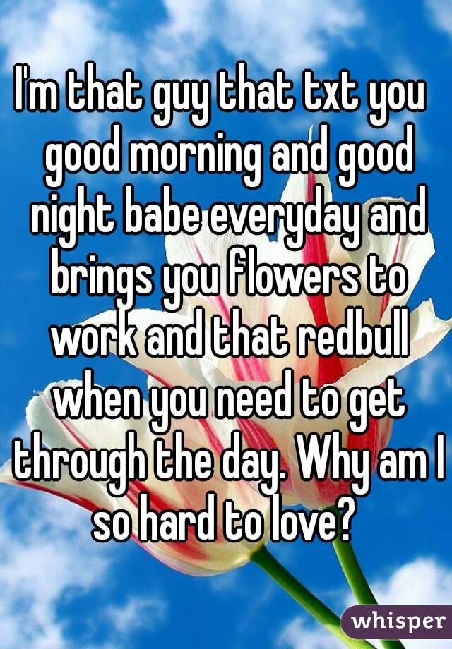 I'm that guy that txt you  good morning and good night babe everyday and brings you flowers to work and that redbull when you need to get through the day. Why am I so hard to love? 