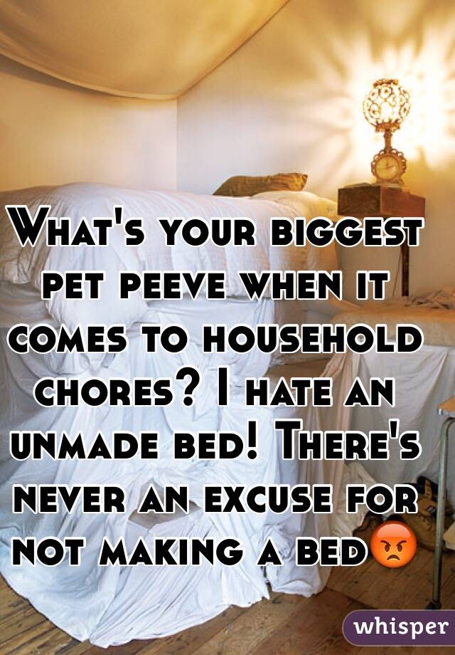 What's your biggest pet peeve when it comes to household chores? I hate an unmade bed! There's never an excuse for not making a bed😡