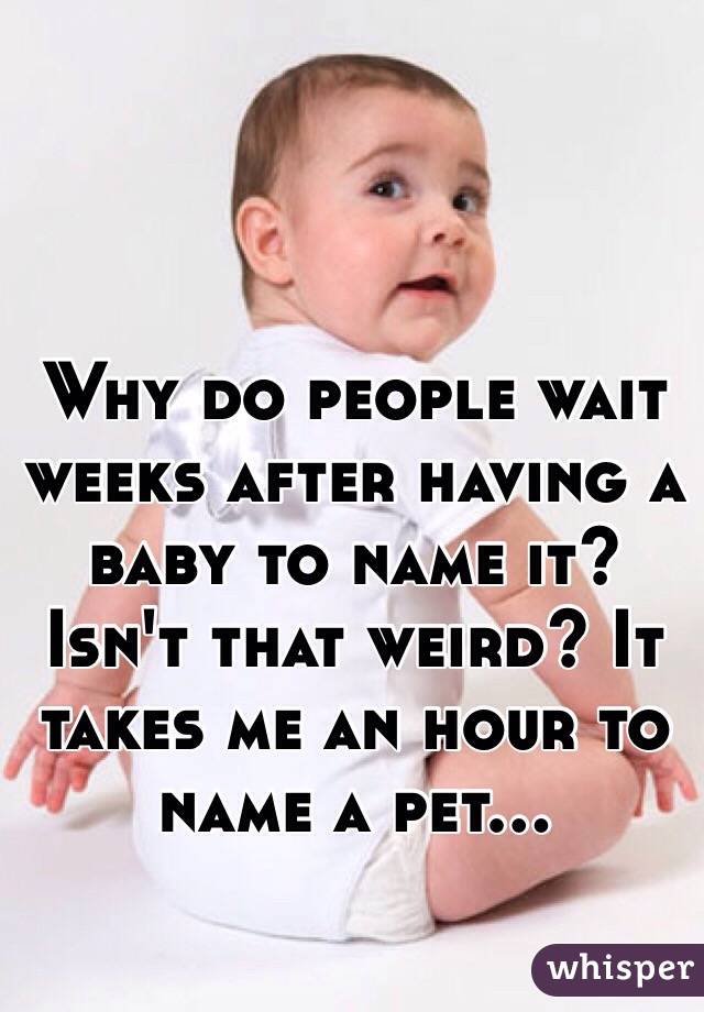 Why do people wait weeks after having a baby to name it? Isn't that weird? It takes me an hour to name a pet...