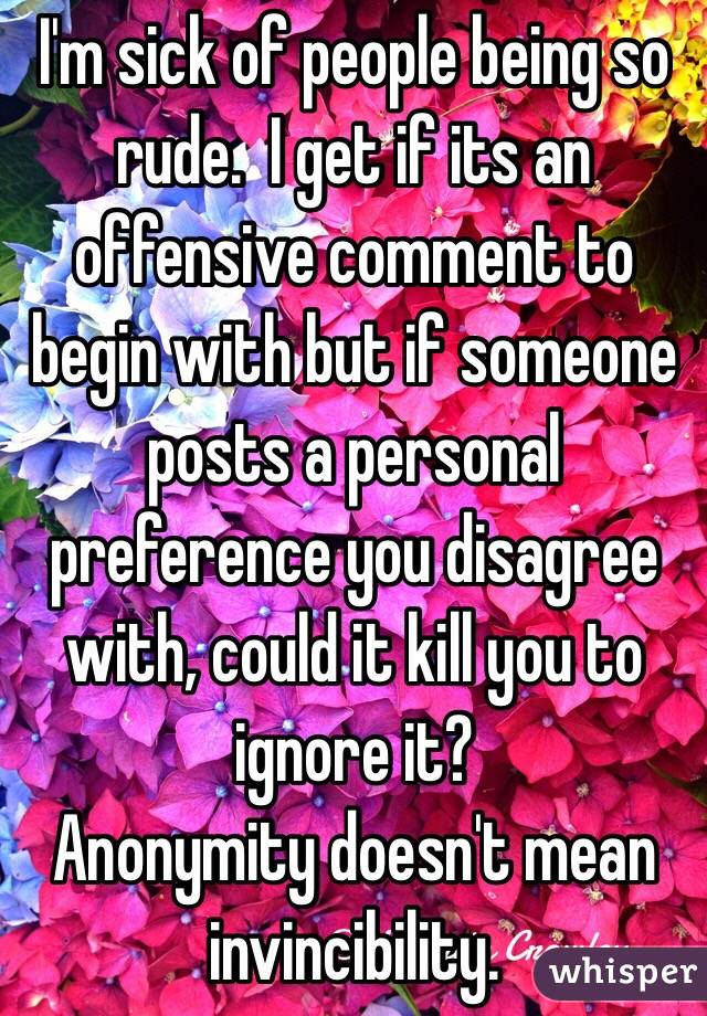 I'm sick of people being so rude.  I get if its an offensive comment to begin with but if someone posts a personal preference you disagree with, could it kill you to ignore it?
Anonymity doesn't mean invincibility. 