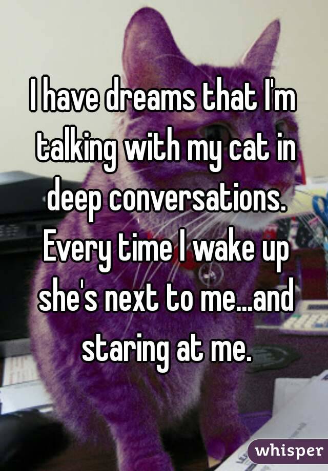 I have dreams that I'm talking with my cat in deep conversations. Every time I wake up she's next to me...and staring at me.