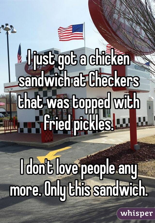 I just got a chicken sandwich at Checkers that was topped with fried pickles. 

I don't love people any more. Only this sandwich.