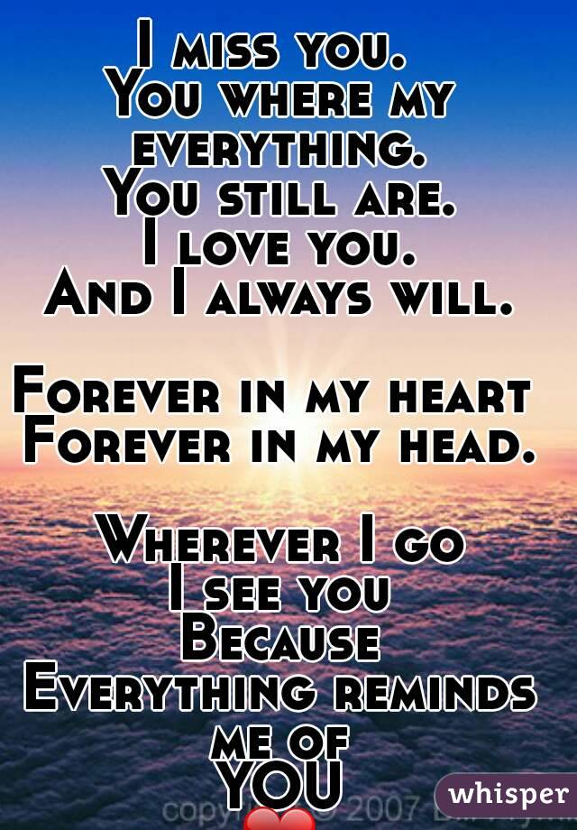 I miss you. 
You where my everything. 
You still are.
I love you.
And I always will.

Forever in my heart 
Forever in my head.

Wherever I go
I see you
Because
Everything reminds me of 
YOU
❤