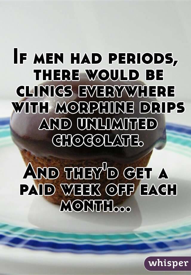 If men had periods, there would be clinics everywhere  with morphine drips and unlimited chocolate.

And they'd get a paid week off each month... 