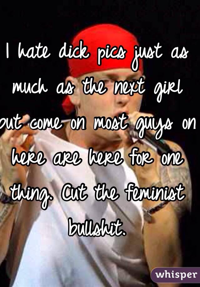 I hate dick pics just as much as the next girl but come on most guys on here are here for one thing. Cut the feminist bullshit. 