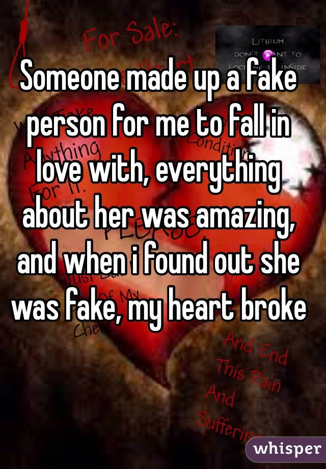 Someone made up a fake person for me to fall in love with, everything about her was amazing, and when i found out she was fake, my heart broke