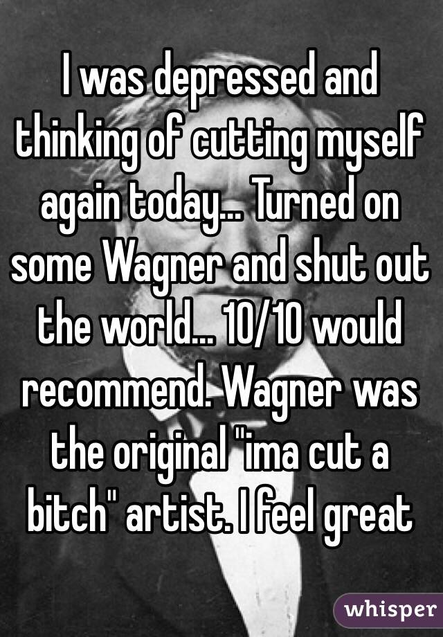 I was depressed and thinking of cutting myself again today... Turned on some Wagner and shut out the world... 10/10 would recommend. Wagner was the original "ima cut a bitch" artist. I feel great