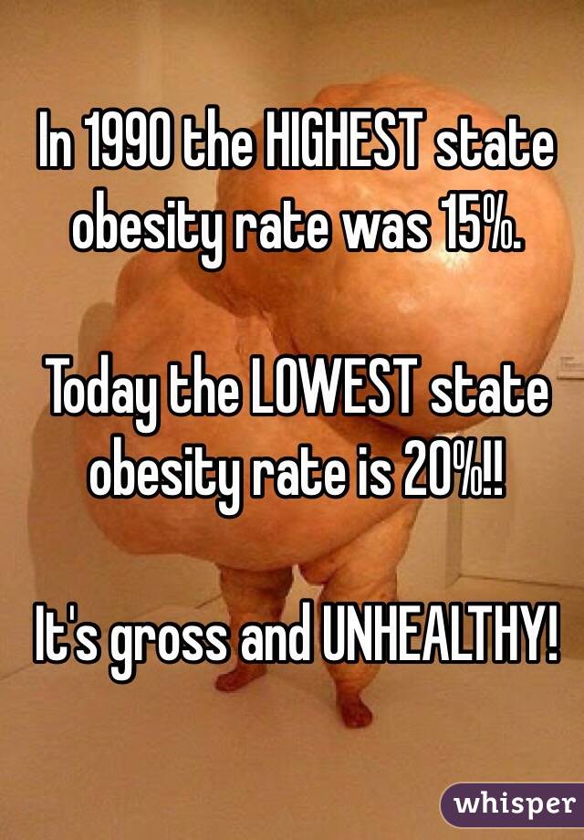In 1990 the HIGHEST state obesity rate was 15%.

Today the LOWEST state obesity rate is 20%!!

It's gross and UNHEALTHY!