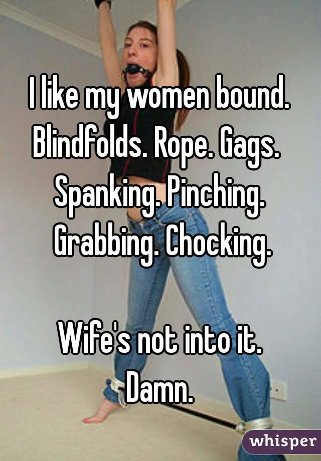 
I like my women bound.
Blindfolds. Rope. Gags. 
Spanking. Pinching. Grabbing. Chocking.

Wife's not into it.
Damn.