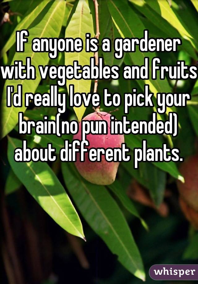 If anyone is a gardener with vegetables and fruits I'd really love to pick your brain(no pun intended) about different plants. 