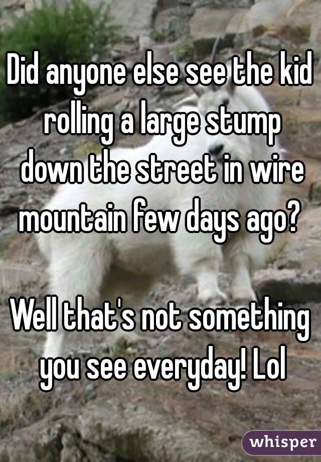 Did anyone else see the kid rolling a large stump down the street in wire mountain few days ago? 

Well that's not something you see everyday! Lol